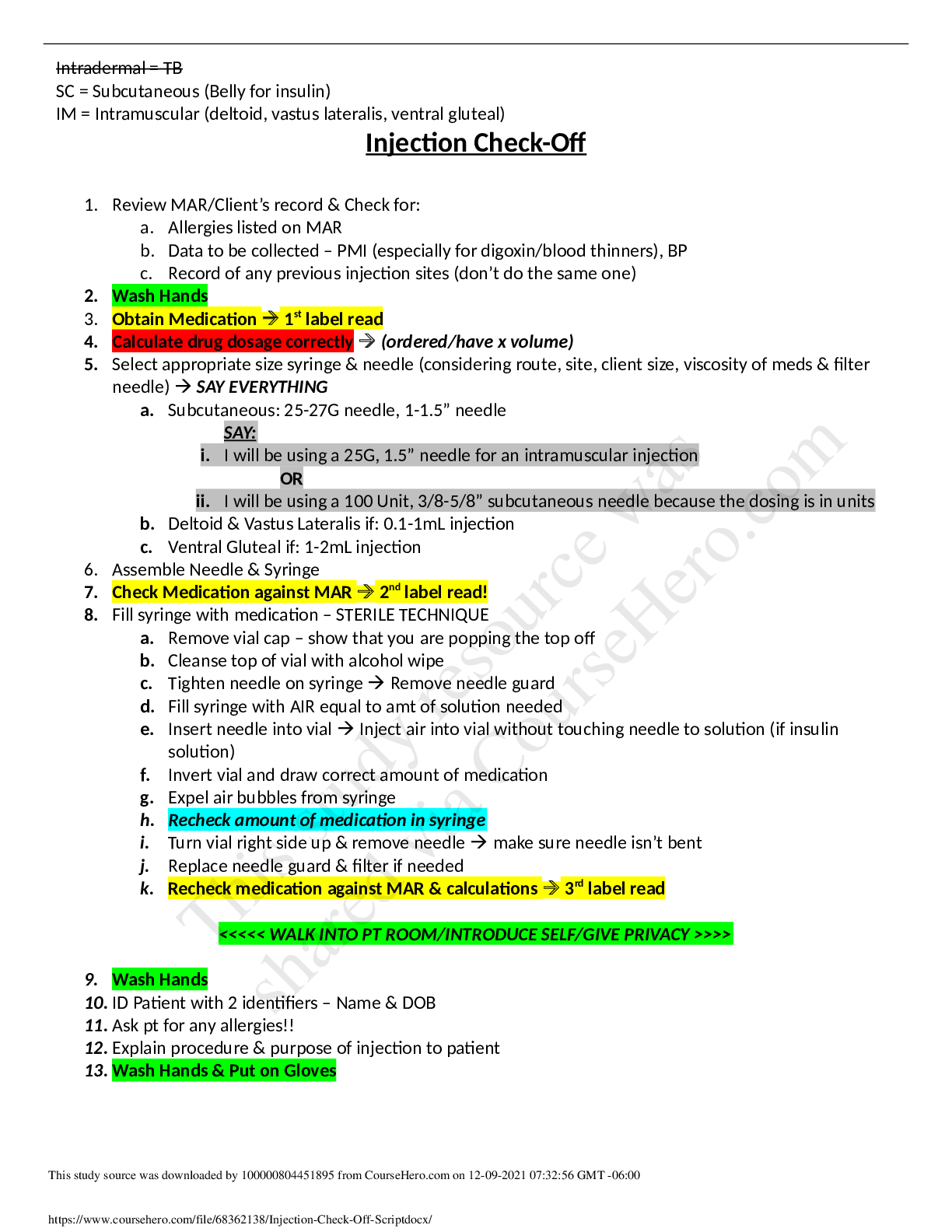 Preview image of NURS 3101 Injection/Urinary Catheter Check-Off Script document